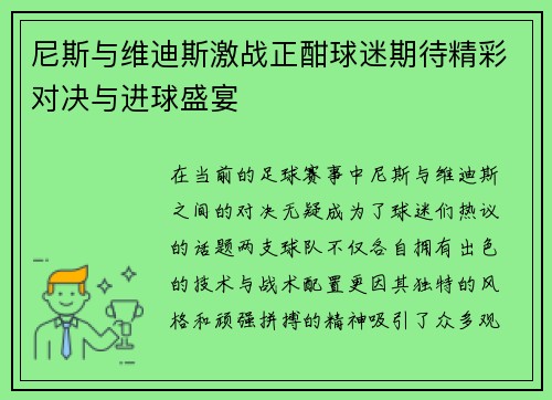 尼斯与维迪斯激战正酣球迷期待精彩对决与进球盛宴